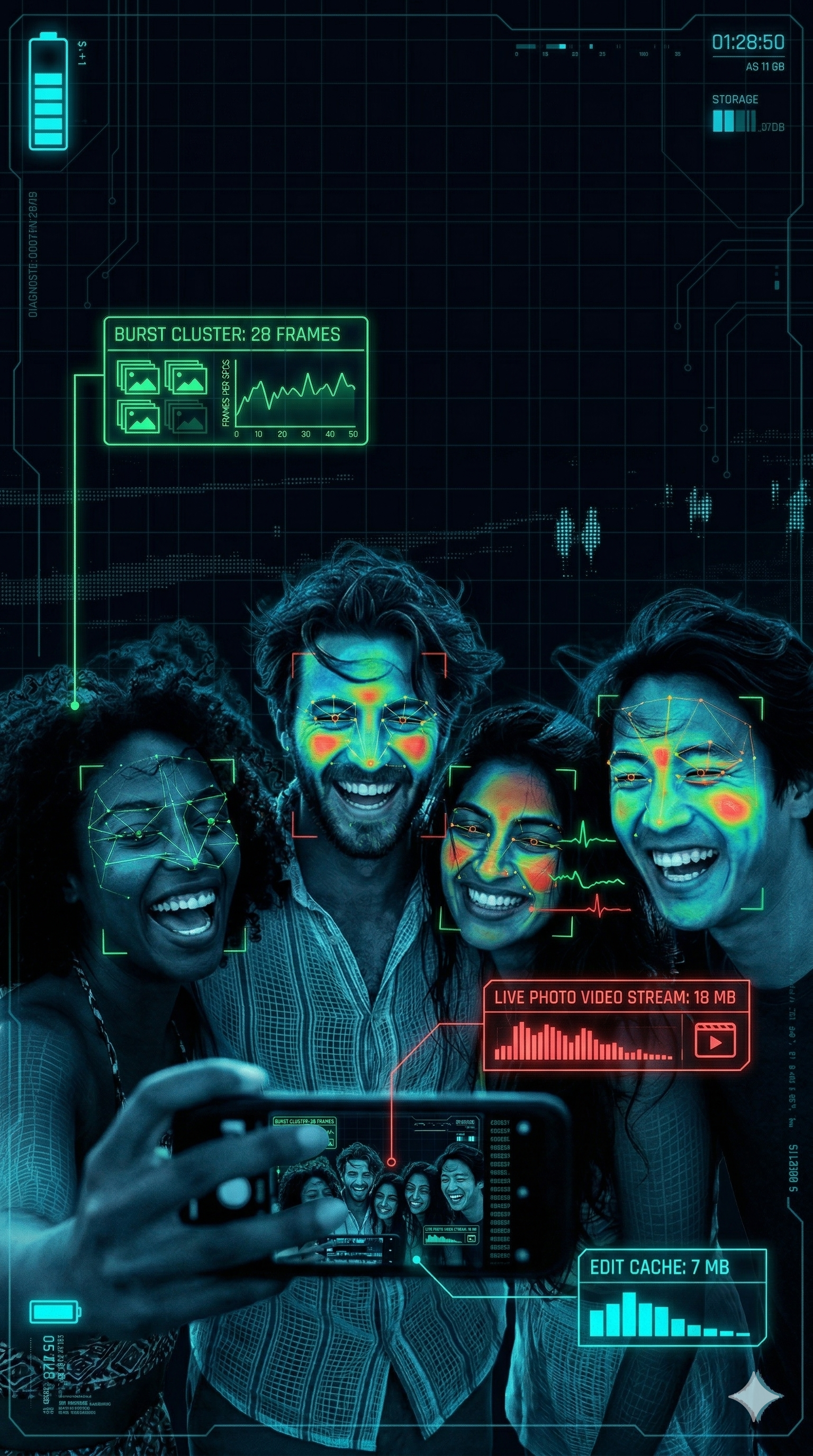 Smartphone scanning a burst of photos with data overlays
