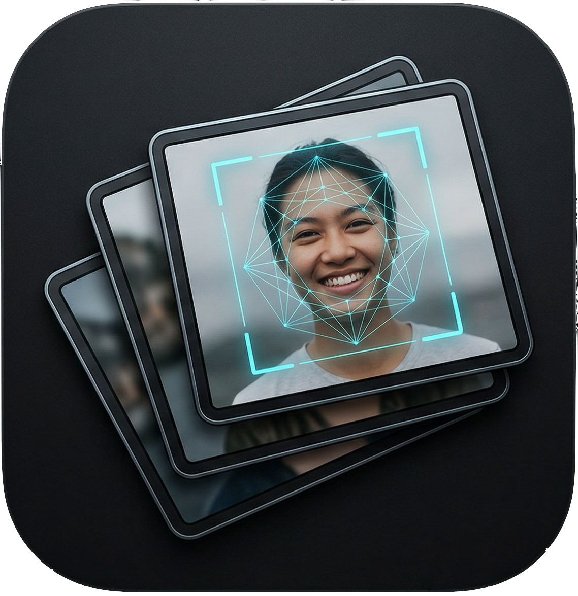 AI face detection scanning a stack of duplicate photos