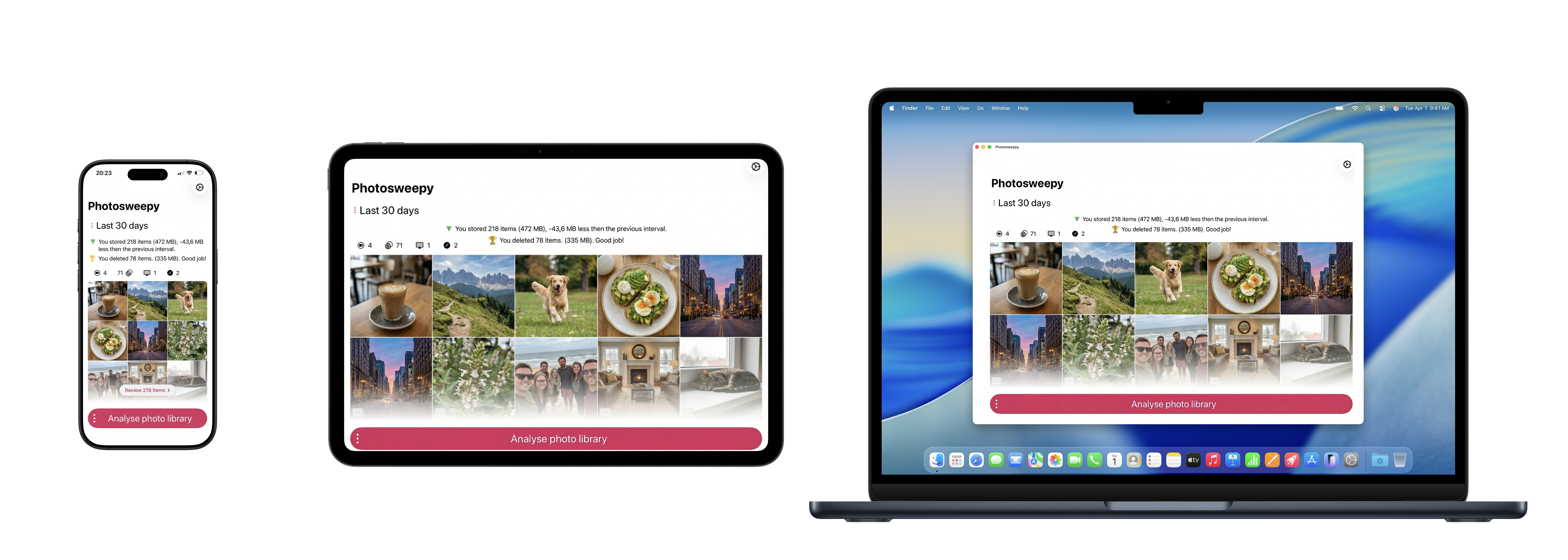 Photosweepy on iPhone, iPad and Mac side by side